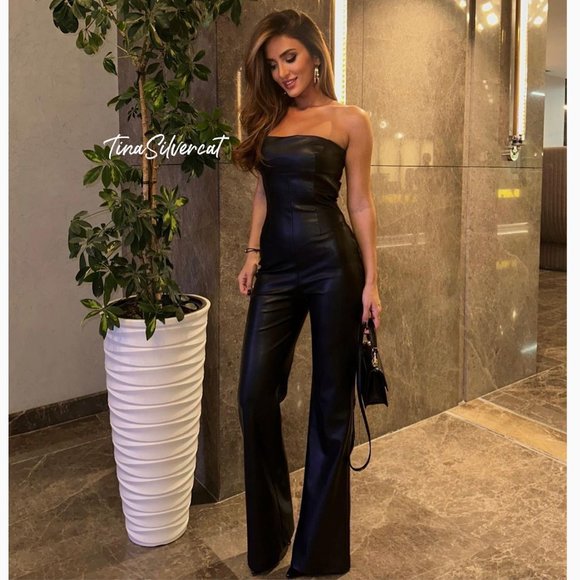 BLOGGER'S FAVE! Zara Strapless Faux Leather Jumpsuit Black NWT - Picture 1 of 9